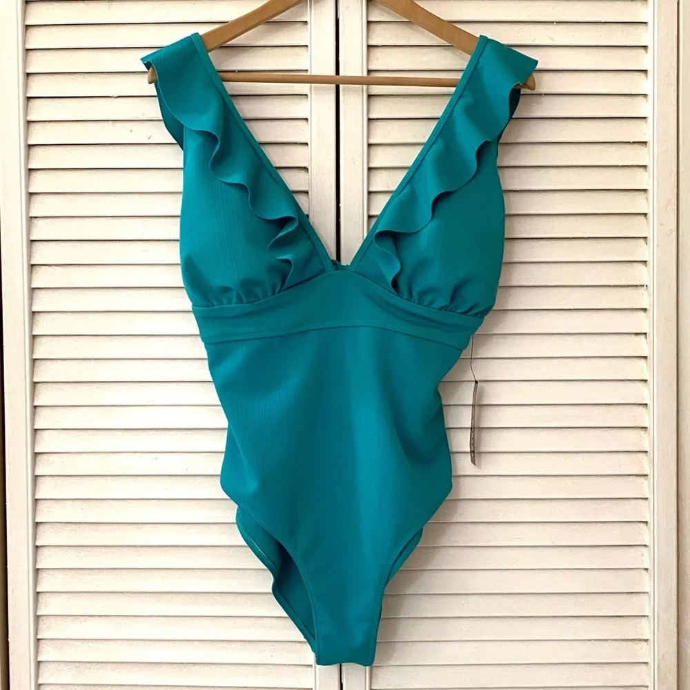 🆕 Coco Cabaña Swimsuit Women’s XL Teal Blue Ruffle V-Neck One Piece Bathing Suit